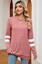 Long-sleeved striped heathered round neck pink tunic with white arm stripes