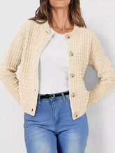 Button Up Round Neck Long Sleeve Cardigan Tan Woman Outerwear