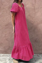 SYNZ Gingham Check Bubble Sleeve Ruffled Maxi Dress Woman Casual Dress
