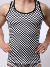 Men's Round Neck Checkered Tank Black Mens Tops