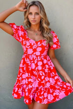 Floral Puff Sleeve Sweetheart Neck Ruffled Mini Dress Strawberry Woman Casual Dress