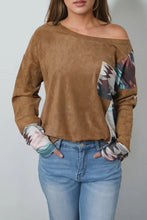Brown geometric drop shoulder T-shirt with patterned long sleeves and pocket