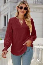 Eyelet Notched Lantern Sleeve T-Shirt Woman T Shirts