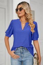 Eyelet Notched Short Sleeve T-Shirt Blue Woman T Shirts