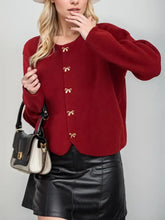 Bow Button Down Round Neck Long Sleeve Cardigan Burgundy One Size Woman Outerwear