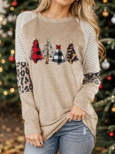 Christmas Tree Graphic Striped Long Sleeve Sweatshirt Tan Woman Sweatshirts