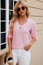 Eyelet Drawstring V-Neck Half Sleeve T-Shirt Woman T Shirts
