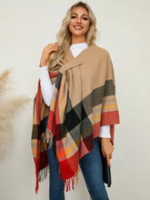 Fringe Contrast Plaid Poncho Sherbet One Size Woman Outerwear