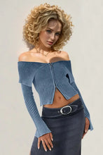 Double Take Ribbed Off-Shoulder Zip Up Long Sleeve Cardigan French Blue Woman Outerwear