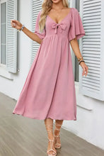 Smocked Tie Front Flutter Sleeve Midi Dress Dusty Pink Woman Casual Dress