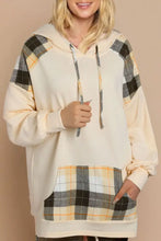 Drawstring Plaid Long Sleeve Hoodie Cream Woman Sweatshirts