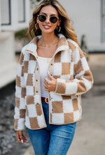 Checkered Snap Down Long Sleeve Teddy Jacket Tan Woman Outerwear
