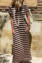 Stripe Casual Round Neck Tee Dress with Pockets Taupe Casual Dresses