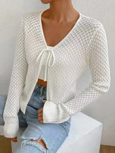 Tied Openwork V-Neck Long Sleeve Cardigan Woman Outerwear
