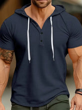 Men's Full Size Drawstring Short Sleeve Hooded Top Plus Size Navy Mens Tops