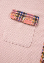 Waffle Knit Plaid Patchwork Drawstring Hooded Shacket Woman Outerwear