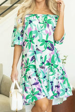 Floral Print Shirred Square Neck Loose Fit Mini Dress Casual Dresses