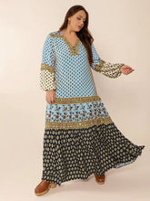 Plus Size Printed V-Neck Balloon Sleeve Maxi Dress Woman Maxi Dress