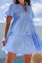 Gingham Short Sleeve Button Tie Split Neck Loose Mini Dress Casual Dresses