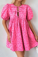 Leopard Tie Front Puff Sleeve Dress Hot Pink Casual Dresses