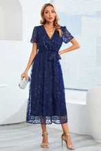 Sequin Leaf Embroidery Tie Front Short Sleeve Dress Dark Blue Cocktail Dress
