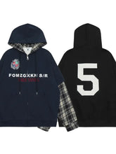 Men's Plaid Sleeve Patchwork Letter Zip-Up Hoodie Mens Tops
