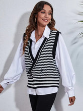 Striped Button Up V-Neck Sweater Vest Woman Outerwear