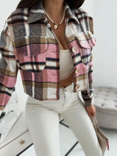 Pocketed Collared Neck Long Sleeve Plaid Jacket Woman Outerwear