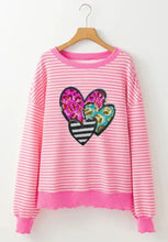 Striped Sequin Heart Round Neck Long Sleeve Sweatshirt Woman Sweatshirts