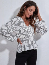 Printed V-Neck Balloon Sleeve Peplum Blouse Woman Blouses