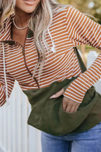 Drawstring Stripe Half Zip Long Sleeve Hoodie Woman Sweatshirts