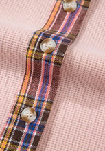 Waffle Knit Plaid Patchwork Drawstring Hooded Shacket Woman Outerwear