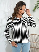 Striped Long Sleeve Notched Blouse White Woman Blouses