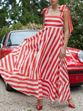 Striped Square Neck Wide Strap Dress Red Woman Maxi Dress