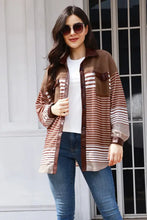 Buttoned Striped Collared Neck Jacket Caramel Woman Outerwear