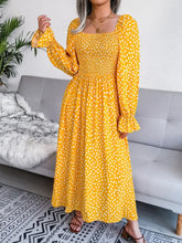 Smocked Square Neck Flounce Sleeve Dress Gold Woman Maxi Dress