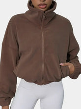 Drawstring Turtleneck Zip Up Long Sleeve Jacket Coffee Brown Woman Outerwear
