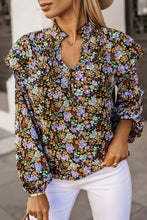 Floral Notched Neck Blouse Black Woman Blouses