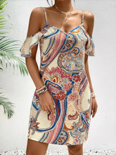 Printed Cold Shoulder Mini Dress Tan Woman Casual Dress