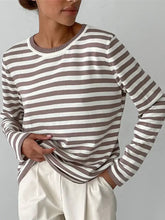 Striped Round Neck Long Sleeve Sweater Mocha Sweater Pullovers