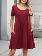 Pleated Front Round Neck Swing Dress Burgundy Casual Dresses