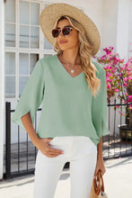 V-Neck Three-Quarter Sleeve Top Light Green Woman T Shirts