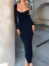 Devine Slit Lace Detail Sweetheart Neck Long Sleeve Maxi Dress Woman Maxi Dress