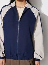 Contrast Zip Up Collared Neck Long Sleeve Jacket Woman Outerwear