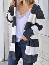 Striped Open Front Hooded Cardigan White Woman Outerwear