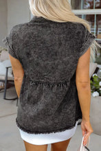 Short Sleeve Flap Pocket Button Up Raw Hem Denim Shirt Woman Denim Tops