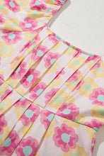 Floral Square Neck Puff Sleeve Pleated Flared Midi Dress Woman Casual Dress