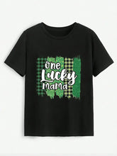 ONE LUCKY MAMA Round Neck T-Shirt Black Woman T Shirts
