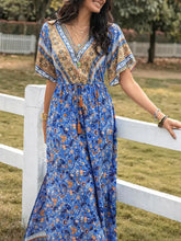 Slit Printed V-Neck Half Sleeve Maxi Dress Blue Woman Maxi Dress