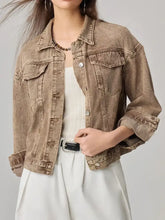 Pocketed Collared Neck Denim Jacket Camel Woman Tops